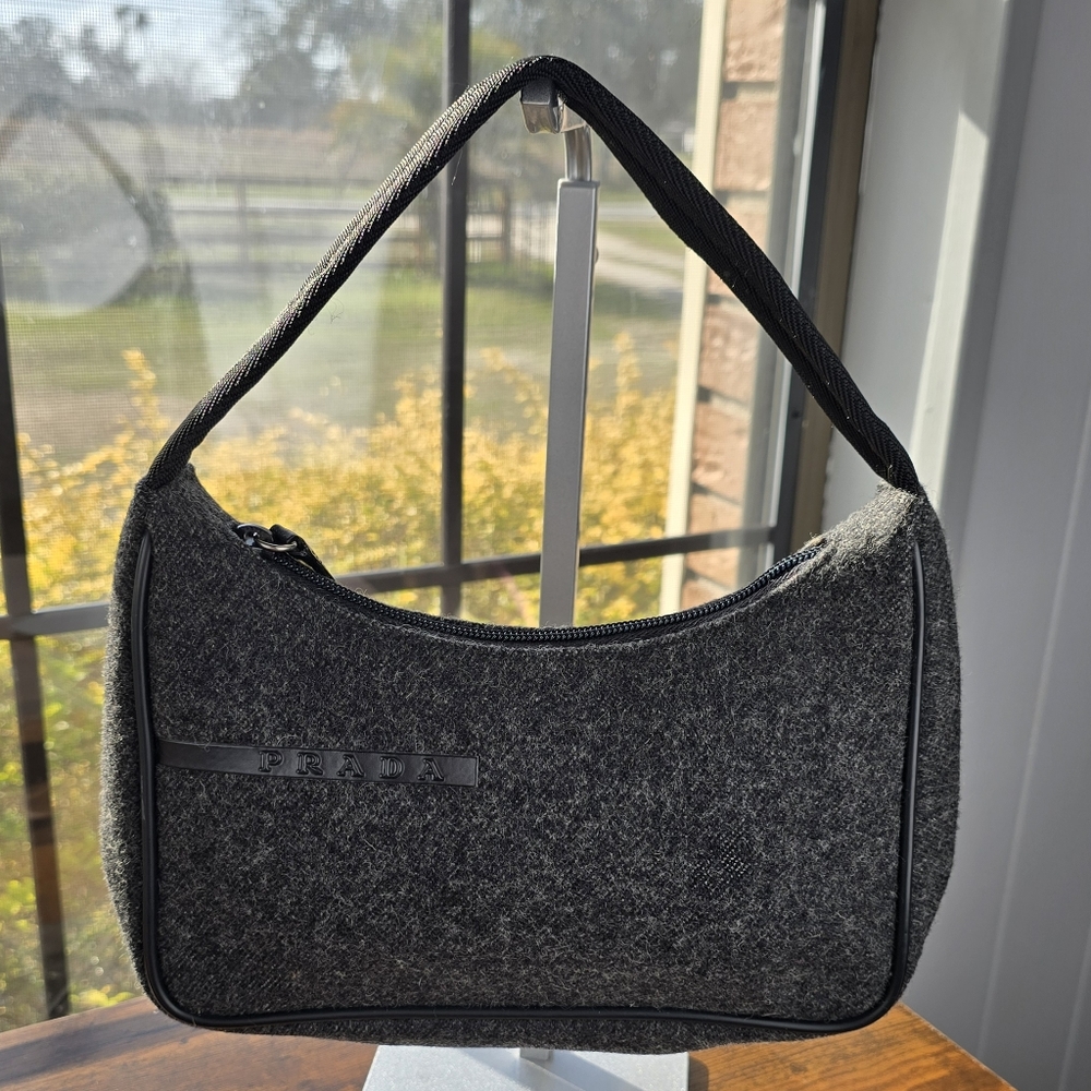 Prada Vintage Charcoal Gray Wool Hobo Shoulder Bag Y2K